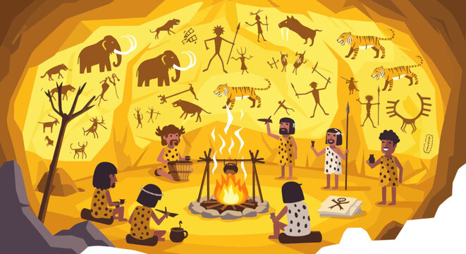 Cavemen Family Gathered Around Campfire in Prehistoric Cave Dwelling