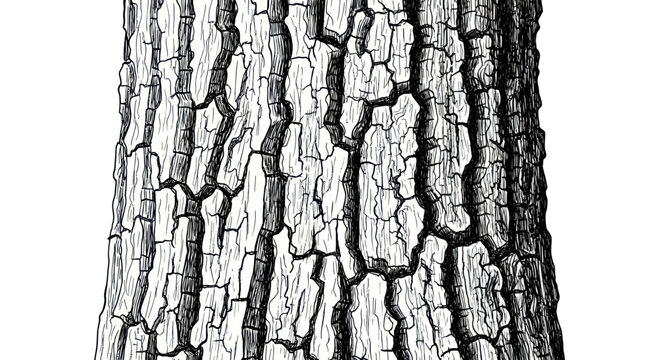 Detailed close-up of rough tree bark texture, isolated on white background, black and white illustration
