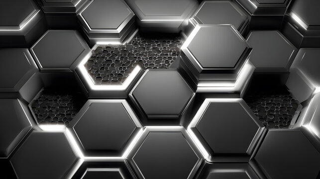 Futuristic hexagon pattern metallic background abstract grid texture modern technology surface 3d render with glowing light and dark honeycomb detail contrast depth cool mood