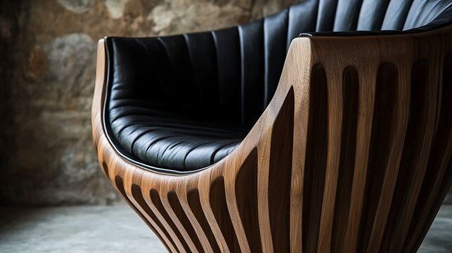 A chair designed with curving wooden ribs and leather padding 