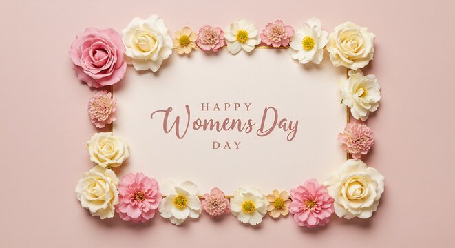 柔らかなピンクの背景に優しい色合いの花々が美しく縁取るハッピーウーマンズデイを祝うメッセージフェミニンで心温まるデザイン. AI Generated