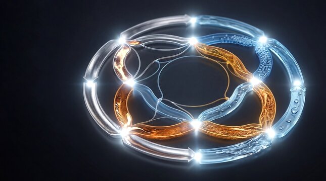 Circular economy material flow Sankey diagram metal plastic organic water loop dark background, close-up with copy space on left