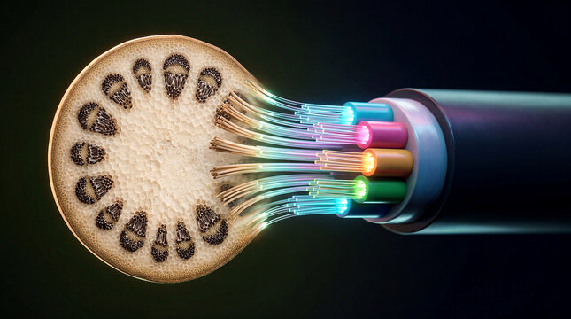 Bamboo fiber cross-section morphing into fiber optic cable data infrastructure dark background