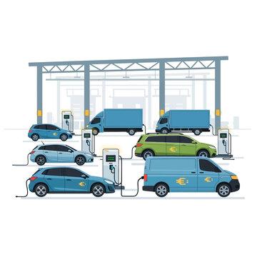 Sustainable Electric Vehicle Charging Hub Modern Fleet of Cars, Vans, and Trucks Powering Up for Eco-Friendly Transportation and Green Energy Solutions in an Industrial Setting