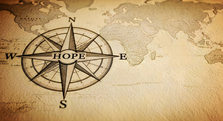 Fototapeta premium Vintage compass with the word hope on a old world map background with a brown texture