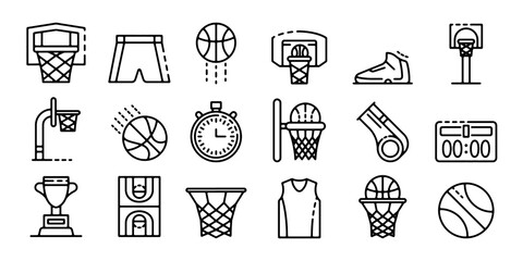 Basketball icons set. Basketball hoop, court, basketball jersey, ball, trophy, time board, whistle, timer and basketball equipment with modern and simple thin line vector illustration style. © IconSade