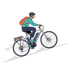 Obraz premium Illustration of a person riding an electric bicycle up a slope with a backpack on