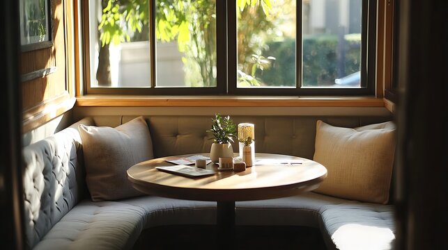 A breakfast nook set with cozy upholstered benches and a compact table 