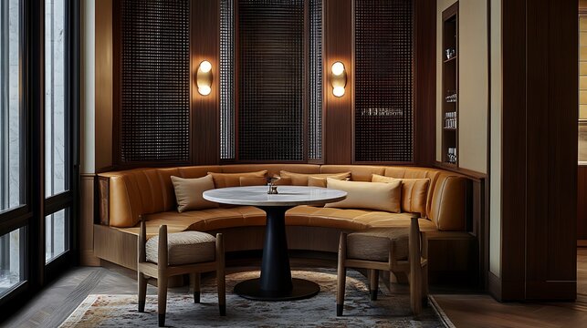 A breakfast nook set with cozy upholstered benches and a compact table 