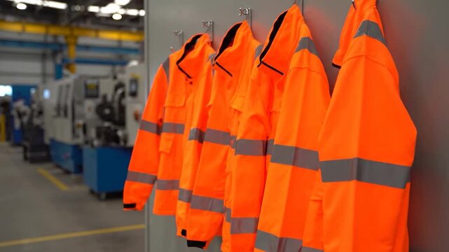 A row of high-visibility orange work jackets hanging on hooks inside a factory setting