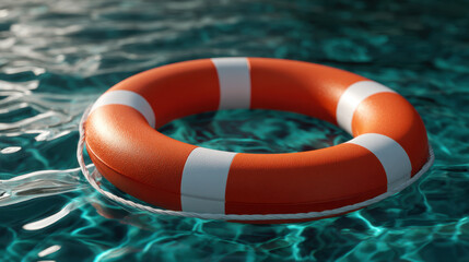 Naklejka premium Life ring floating on teal water, orange lifebuoy with white stripes casting reflections and soft light, safety equipment for swimming pool or open water rescue