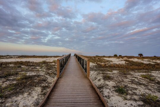 Dramatic View of Boardwalk to the Beach at Fort Clinch State Park, Amelia Island, Florida