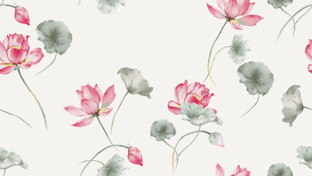 Floral seamless pattern featuring watercolor-style pink lotus flowers and green lily pads on a pale cream background