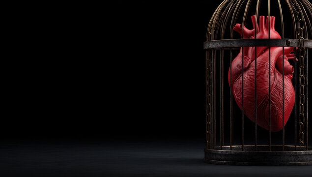 Red anatomical heart locked inside metal birdcage on dark background conveying confinement, longing and emotional restraint in dramatic moody composition