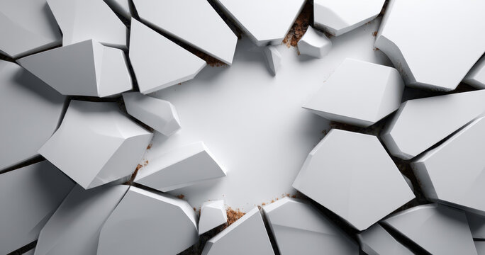 White cracked ceramic shard pattern radial fracture with debris and shadowed gaps creating dynamic abstract composition
