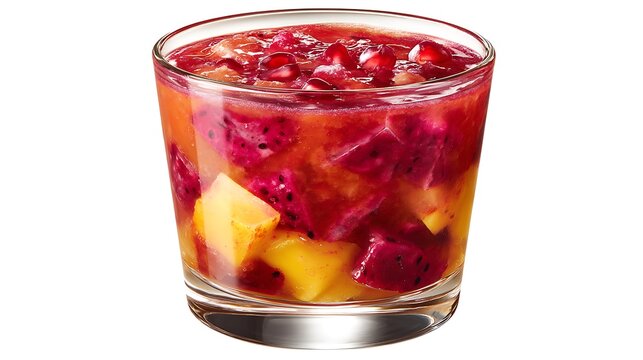 A vibrant and refreshing tropical fruit drink, smoothie, or dessert, featuring a delightful blend of colorful fresh ingredients like juicy mango, exotic dragon fruit, and sweet pomegranate seeds, beau