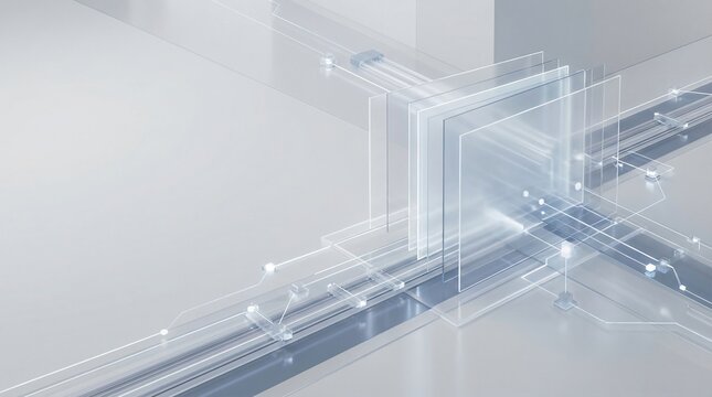 Modern abstract technology background featuring translucent layers and interconnected glowing lines depicting data flow and digital networks in a sleek, futuristic design.