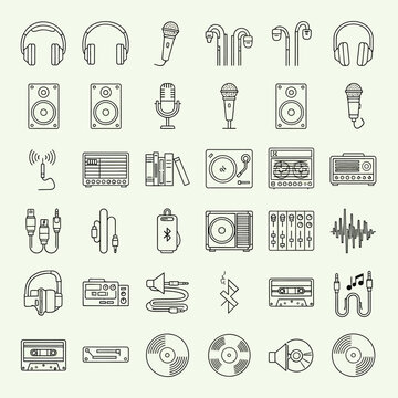 Audio equipment and music technology icons.