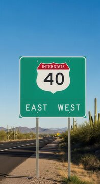 Iconic Interstate 40 East West Road Sign In Desert Landscape