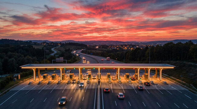 A stunning high-angle shot of a highway toll plaza during a vibrant sunset. The sky is filled with dramatic orange and red clouds