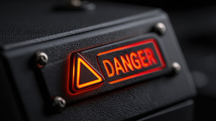 Fototapeta premium Danger warning illuminated triangle sign on textured metal panel glowing red orange with screws and shallow depth of field, industrial hazard indicator conveying caution and risk