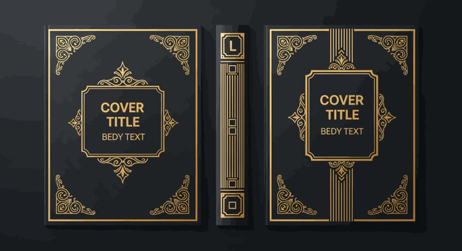 Luxury Vintage Book Cover Design Template with Ornate Gold Filigree and Borders on Black Background