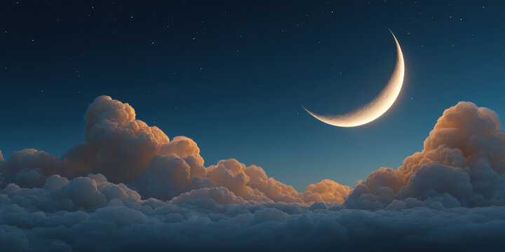 Crescent moon cloud night sky stars twilight serene luminous crescent moon above glowing clouds at dusk evoking calm and wonder with soft light and deep blue atmosphere