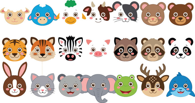 Cute Animal Mask Set for Kids Party, Funny Photo Booth Props, Carnival Costume Accessories, Tiger Fox Zoo Vector Collection