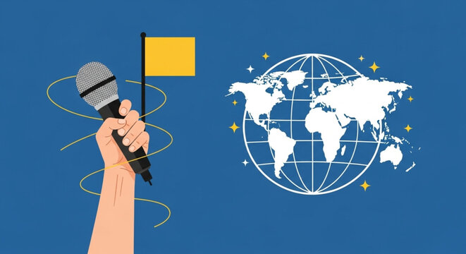  World Press Freedom Day  global communication and international information exchange, featuring a hand holding a microphone with a flag alongside a stylized world map