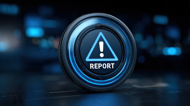 Digital warning triangle exclamation report button glowing blue on dark futuristic dashboard with bokeh lights and glossy ring, alert concept for security notification and user interface