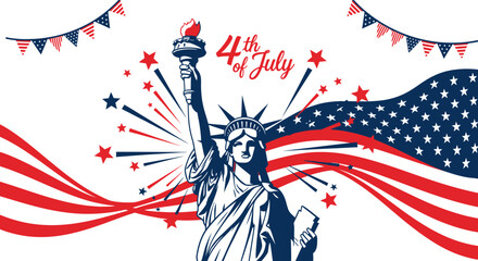 Patriotic 4th of July Background with Statue of Liberty and Waving American Flag for Independence Day © ZIIZE STUDIO