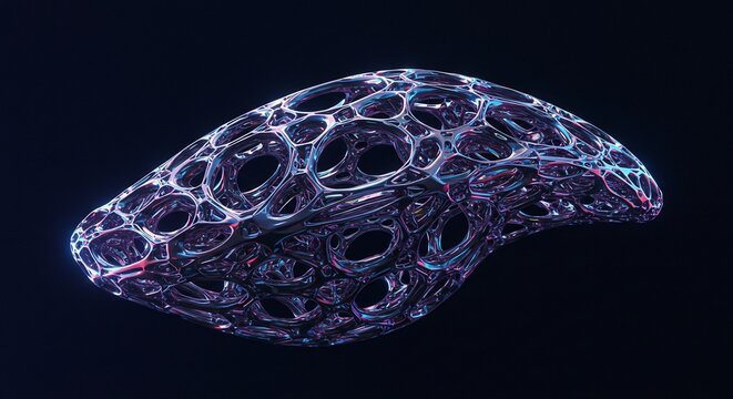 深遠な漆黒の空間に神秘的に浮かぶ未来的な3D有機構造 細胞のような複雑なメッシュは青や紫の幻想的な光を浴びて輝き生命科学やバイオテクノロジーの融合美を鮮やかに表現するデジタルアート. AI Generated