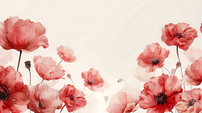 Premium minimalist commercial banner of watercolor red poppies with copy space for ANZAC day invitations spring greeting cards and floral backgrounds