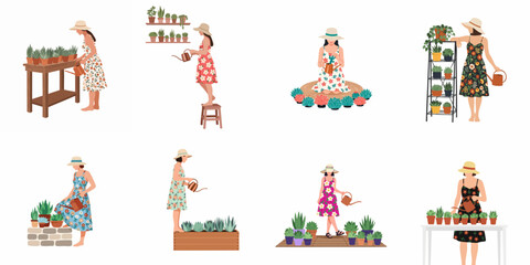 A collection of flat vector illustrations of a woman in floral dresses and sun hats watering succulents and potted plants in various settings. © Arto