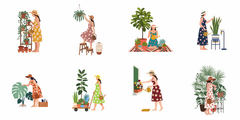 Fototapeta premium Flat vector illustration set of women in sundresses caring for indoor plants, including watering and organizing various green houseplants in several scenes.