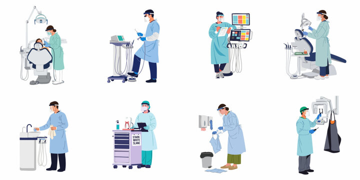 Set of flat vector illustrations depicting dental professionals in PPE performing various clinical tasks and procedures in a modern dentist office.