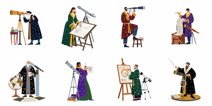 Set of illustrations depicting vintage astronomers and astrologers observing the night sky with telescopes, globes, and celestial maps on a white background.