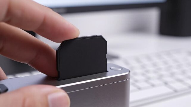 Inserting secure digital card into reader closeup technology concept