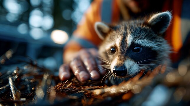 Rescue volunteer reaching toward scared raccoon in debris