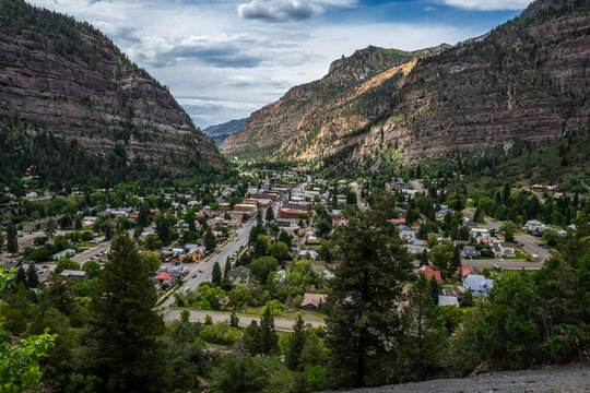 Scenic Valley View with Mountain Cliffs and Green Trees in Ouray, Colorado