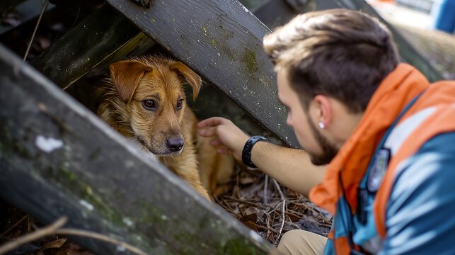 Rescuer saving frightened dog trapped under wooden debris