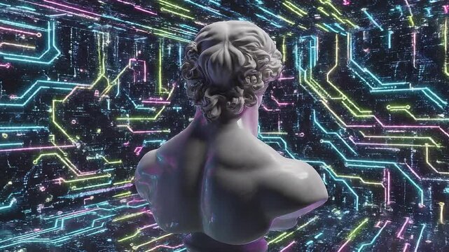Ancient marble bust in front of neon circuit board background