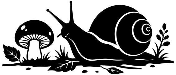 Garden snail exploring lush foliage with mushroom companion © Sai.K