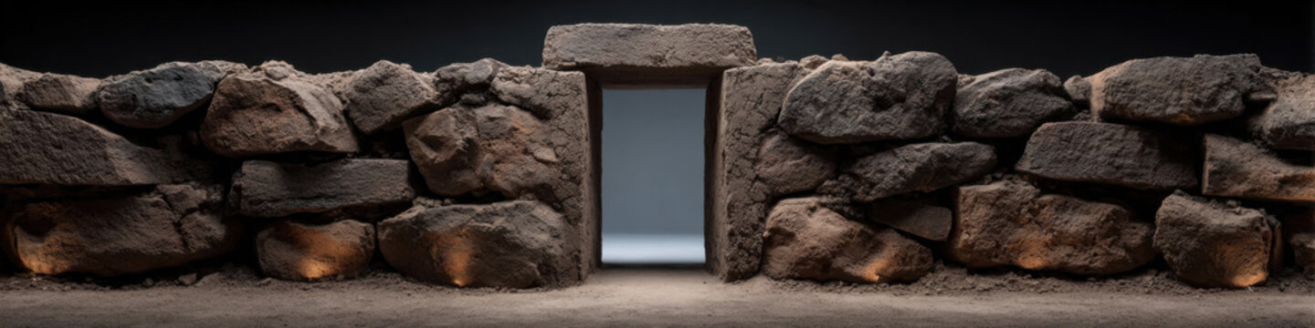 Ancient stone wall with small doorway and textured rocks lit by low amber uplighting conveying quiet, timeless atmosphere and architectural simplicity