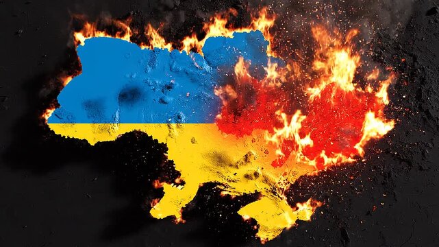 Burning Ukrainian map with flag colors on fire