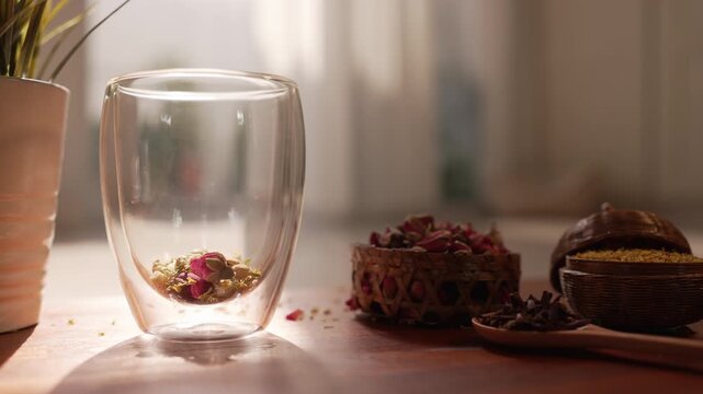 Slow Cinematic Push In on Pouring Floral Tea Blend into Glass - Immersive Sensory Experience. Detailed gradual zoom showing the texture of falling dried herbs. Best for sensory storytelling