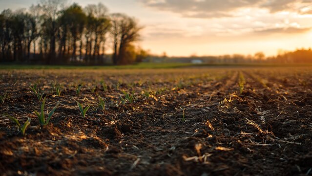 Spring farmland with wet soil texture and emerging crops agricultural background