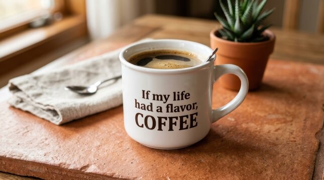 A white ceramic mug filled with hot coffee, featuring the text 'If my life had a flavor, COFFEE', resting on a textured surface