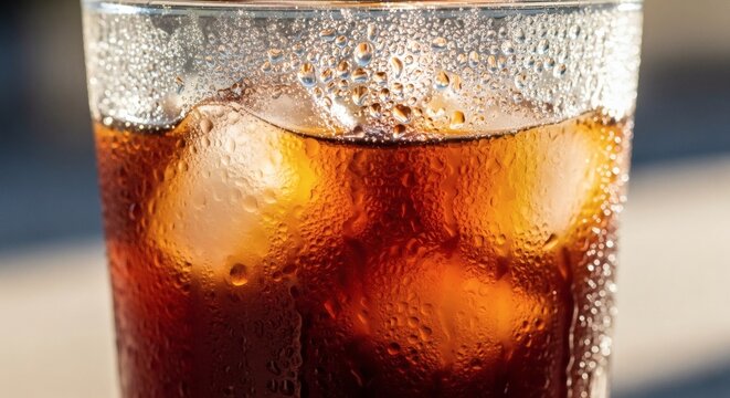 Refreshing iced tea with lemon slices and condensation in glass on sunny day