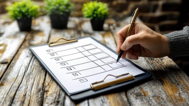 A hand writing on a clipboard with a pen on a rustic wooden table with small green plants in the background